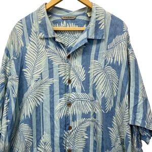 Tommy Bahama Shirt Mens XXL Blue Silk Tencel Palm Leaf Striped Tropical Camp VTG